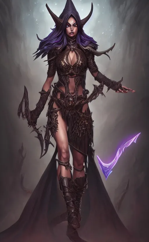 Image similar to full body shot of dark elf witch, highly detailed, d & d, fantasy, highly detailed, digital painting, trending on artstation, concept art, sharp focus, illustration, global illumination, ray tracing, realistic shaded, art by artgerm and greg rutkowski and fuji choko and viktoria gavrilenko and hoang lap,