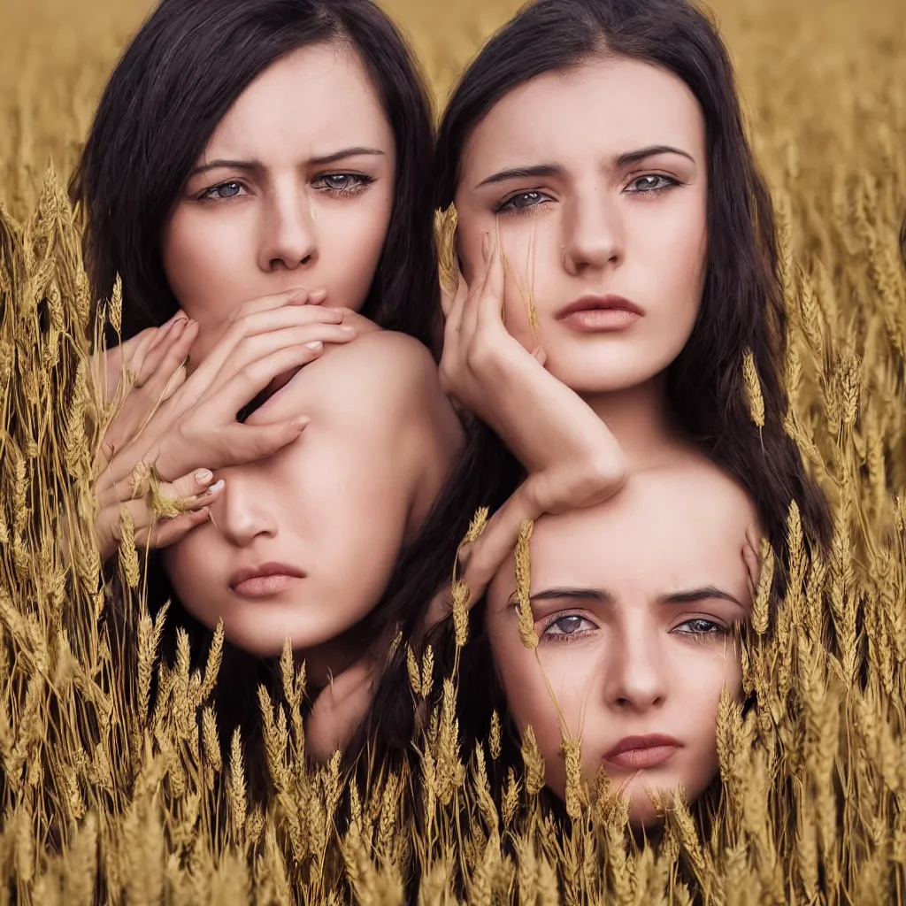 Image similar to A 25 years old Paludnitsa crying in a wheat field. Long black hair, perfect face, beautiful eyes, smooth, sharp focus, vivid colors, highly detailed, digital art, 4k, medium shot.