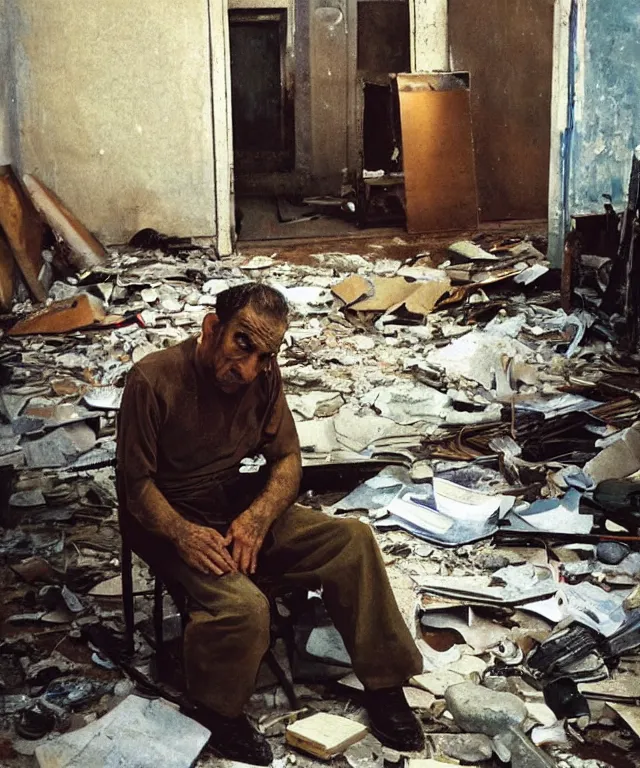 Prompt: a color photograph of a devastated persian man in his destroyed workplace, by nan goldin, painted over by lucian freud and andrew wyeth, out of place, intense, bold, exaggerated, over proportion, hyperrealistic, ultra sharp, extra details, ultra high quality,
