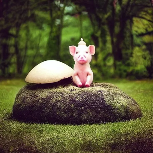 Image similar to “ cute pig meditating like a buddha on top of a giant mushroom ”