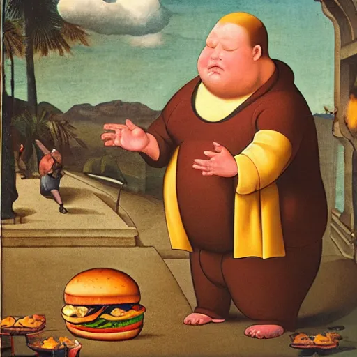 Prompt: a fat man praying to the cheeseburger god, renaissance