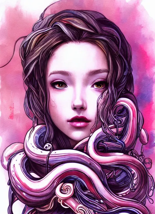 Image similar to bemused to be enveloped in slimey tentacles Aerith Gainsborough  portrait looking straight on, complex artistic color ink pen sketch illustration, full detail, gentle shadowing, fully immersive reflections and particle effects, concept art by Artgerm
