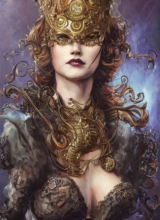 Image similar to front portrait sensual Lady Mechanika with ginger wavy hair, Intricate, Victorian era imagery themed, D&D!, fantasy style, sharp focus!, ultra detailed, art by Artgerm and Peter Andrew Jones, WLUP