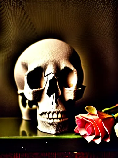 Prompt: still life of a skull, roses and a tarantula