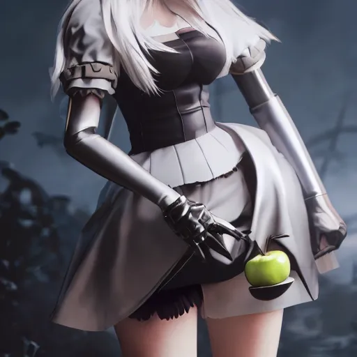 Image similar to 2B nier automata holding a apple, detailed, artstation, concept art, Unreal Engine 5 render, gameplay showcase, 8K