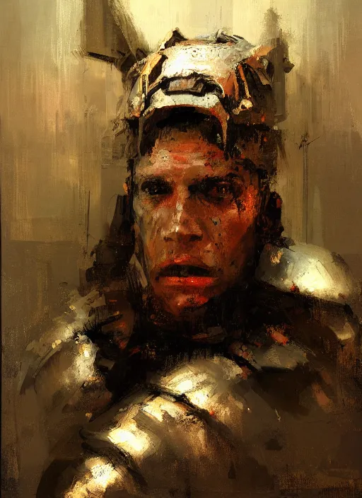 Image similar to portrait painting of berserker with a dinosaur head helmet, by jeremy mann, only one head single portrait