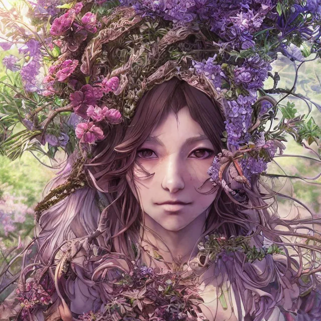 Image similar to the portrait of chaotic good female druid botanist as absurdly beautiful, gorgeous, elegant, young anime girl, an ultrafine hyperdetailed illustration by kim jung gi, irakli nadar, intricate linework, sharp focus, bright colors, octopath traveler, final fantasy, unreal engine 5 highly rendered, global illumination, radiant light, detailed and intricate environment