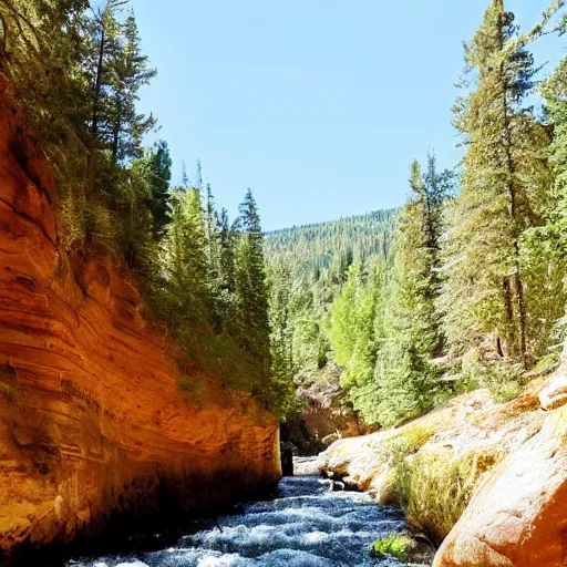 Image similar to sitting by a gently flowing stream in the coolness of a canyon rich in towering evergreens