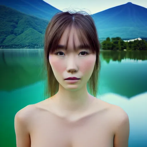 Image similar to a instax photo of fuji mountain, a beautiful girl in a transparent sheer fabric dress against the background of a lake, full body shot, perfect symmetrical body, perfect symmetrical face, coherent symmetrical eyes, hyperrealistic, hyperdetailed, octane render, 8 k