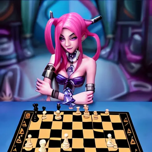 Image similar to Jinx (from league of legends) sitting by a table playing chess