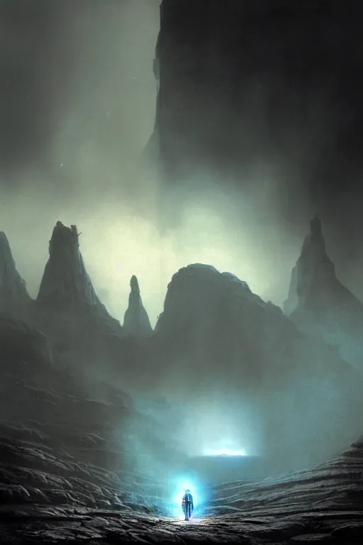 Image similar to r 2 d 2 at the front of a cave, smoke, apocalyptic moody style by rob zombie by arthur haas and bruce pennington and john schoenherr, cinematic matte painting, zaha hadid building, photo realism, dark moody color palate, blue hour stars, desolate glacial landscape,