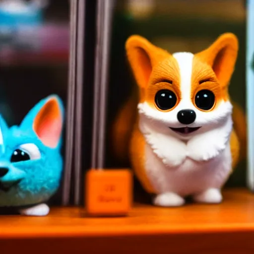 Prompt: award - winning photograph of a cute corgi furby toy on a store shelf