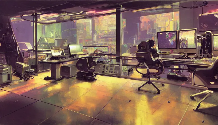 Image similar to a rendering of a detailed interior of a cyberpunk bedroom with computers and cables, soft neon lighting, metallic surfaces, sci-fi concept art, by Syd Mead, oil on canvas