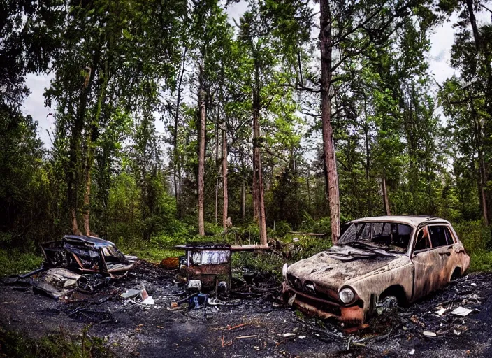 Prompt: an overgrown street corner, derelict vehicles taken by the vegetation, a camp fire sits in the forest ground with trees framing the shot,