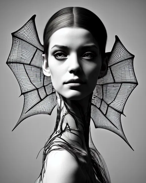 Image similar to a black and white 3D render of a beautiful portrait of a young female angelic-dragon-cyborg face with a very long neck, big clear eyes, thin nose, big lips, hair floating in the wind, 150 mm, flowers, Mandelbrot fractal, anatomical, flesh, facial muscles, veins, arteries, full frame, microscopic, elegant, highly detailed, flesh ornate, elegant, high fashion, rim light, ray trace, octane render in the style of H.R. Giger and Man Ray, Realistic, Refined, Digital Art, Highly Detailed, Cinematic Lighting, rim light, black and white, photo-realistic Unreal Engine, 8K