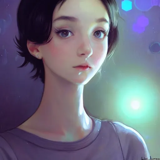 Image similar to beautifully pretty stoner girl, black sweater, grey skirt, red eyes, glittery short black hair, blue eyes, universal volumetric lighting, soft glow, by ilya kuvshinov, claude monet, range murata, artgerm, norman rockwell, alphonse mucha, highly detailed intricately sharp focus, trending on pinterest, unreal engine 5 4 k uhd image