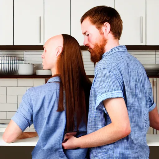 Image similar to portrait of a white male and his white female brown hair wife. male is is half bald, wearing a flannel shirt, tan shorts, white long socks and is holding a cane. female has long brown hair, standing next to him holding his hand. photo taken from behind them looking at a blue colored kitchen under remodel, trending on artstation.