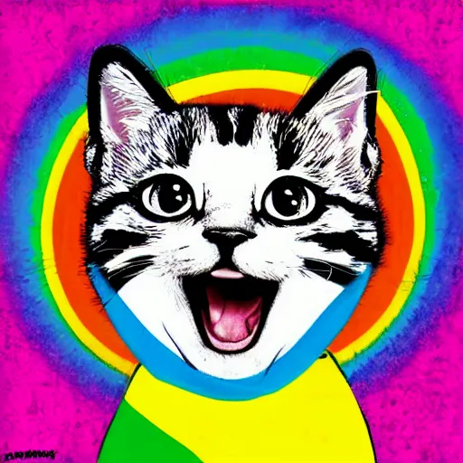 Image similar to rainbow excited smiling kitten. pop art