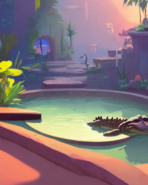 Image similar to a cute alligator taking a bath in a hot spring with lush vegetation around, cory loftis, james gilleard, atey ghailan, makoto shinkai, goro fujita, character art, rim light, exquisite lighting, clear focus, very coherent, plain background, soft painting