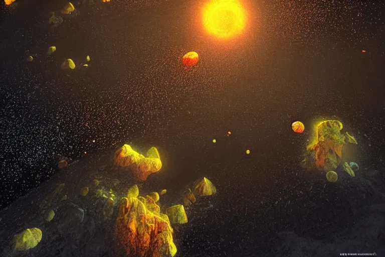 Prompt: Glowing amber explosions uphill on the moon surface, by Haeckel and Hellen Jewett, Artstation, volumetric lighting, lots of sparkles and glitter