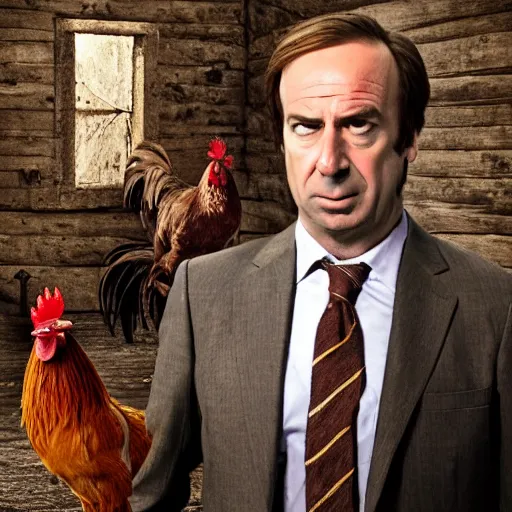 Prompt: saul goodman and a rooster in a medieval torture chamber, saw blades and knives in the background, horror movie, saul goodman, rooster!!!!, real life photo, highly detailed face