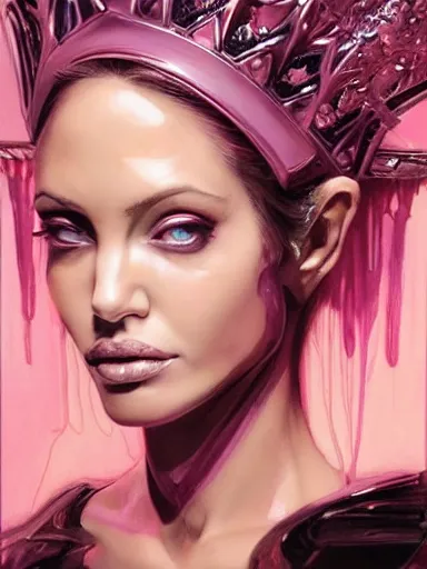 Image similar to pink portrait of beautiful female angel queen Angelina Jolie head wearing shiny pink crown, subtle purple accents, hyper details, black metal rococo, sculpted by Alex Alice, Craig Mullins, yoji shinkawa, trending on artstation, beautifully lit, Peter mohrbacher, hyper detailed, insane details, intricate, elite, elegant, luxury, ray of light through smoke, CGsociety, hypermaximalist, blackpink, golden ratio, volumetric, octane render, weta digital, micro details, 3d sculpture