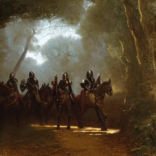 Prompt: a small group of medieval european knights are riding in a column through a dark wood along a small stream, highly detailed, digital painting, sharp focus, by alber bierstadt greg rutkowski