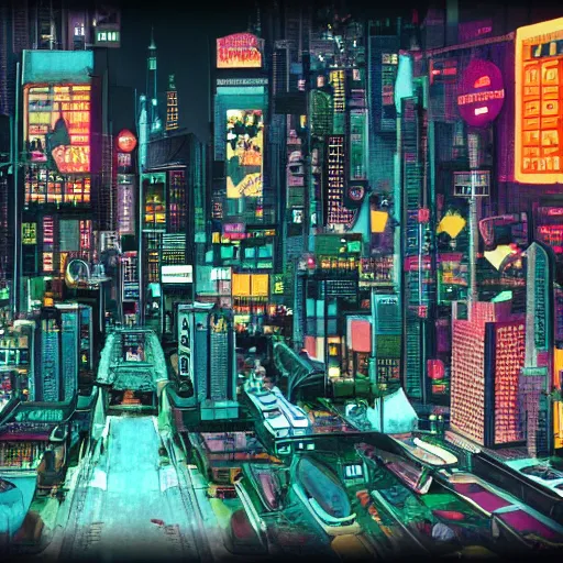 Image similar to 1960s style cyberpunk city