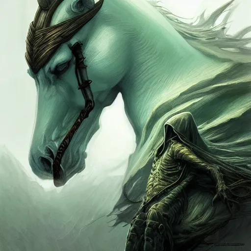 Image similar to concept art by artgerm, pestilence of the four horsemen of the apocalypse, soft green natural light, intricate, hooded death riding a horse, highly detailed dark art, digital painting, artstation, concept art, smooth, sharp focus, illustration, art by greg rutkowski and luis rollo and uang guangjian and gil elvgren, symmetry!