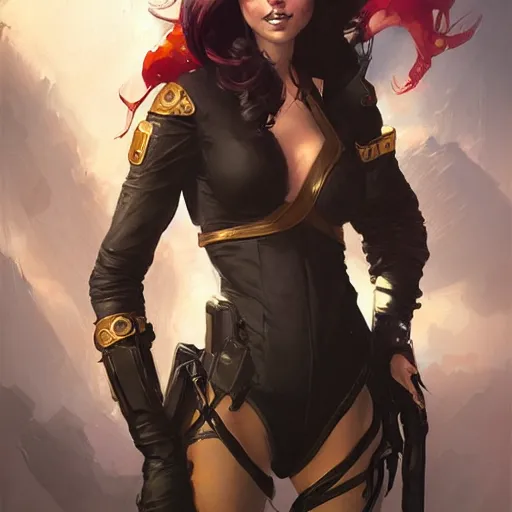 Prompt: Portrait of a stylish female space pirate, dark-hair, golden eyes, delicate features, teasing smile, face visible, artstation, graphic novel, art by stanley artgerm and greg rutkowski and peter mohrbacher,