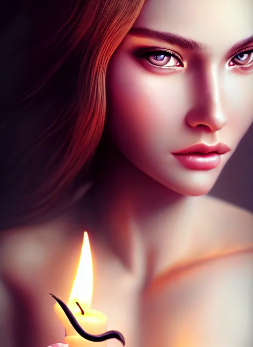 Image similar to a gorgeous female photo, professionally retouched, soft lighting, holding a candle, realistic, smooth face, perfect eyes, wide angle, sharp focus on eyes, 8 k high definition, insanely detailed, intricate, elegant, art by artgerm and wlop