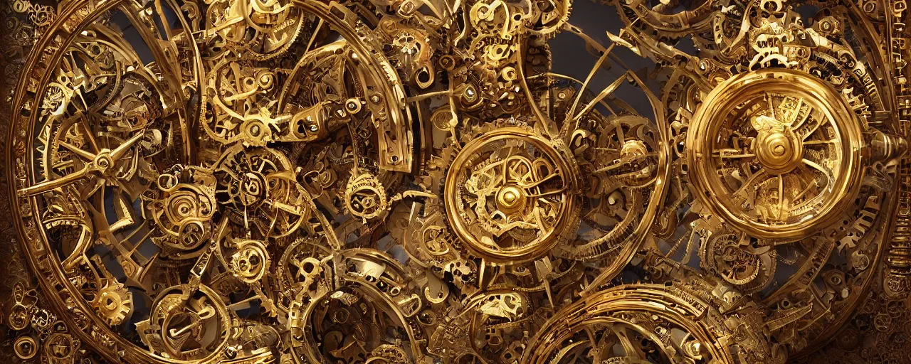 Image similar to dynamic composition, intricate layered golden clockwork machine with cogs!!!!!!, steam punk, extremely detailed, steampunk, art deco!, ornate gilded cosmic machine, in the style of simon lee and jama jurabaev, engraved, artgerm, wlop, featured on cgsociety, unreal engine, 8 k render, octane, raytracing