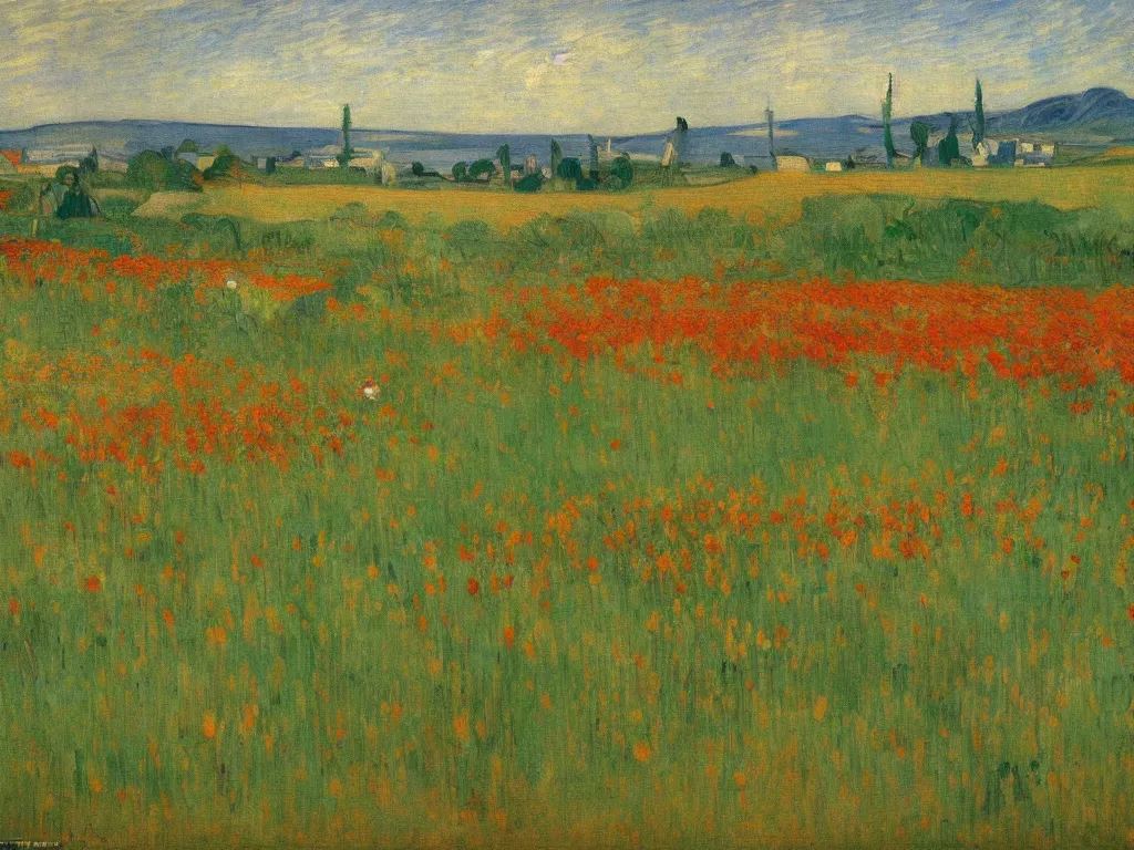 Prompt: an impressionist landscape depicting a field of tulips and rolling hills by ramon casas, edgar degas and van gogh