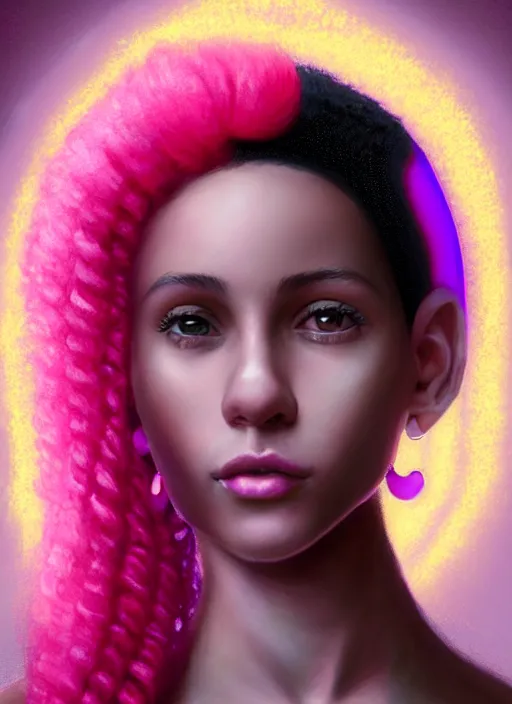 Image similar to portrait of teenage vanessa morgan with bright pink hair, black girl, curly pixie cut hair, wearing a purple breton cap, breton cap, hoop earrings, intricate, elegant, glowing lights, highly detailed, digital painting, artstation, concept art, smooth, sharp focus, illustration, art by wlop, mars ravelo and greg rutkowski