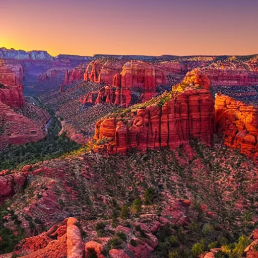 Prompt: bottom-up view from a huge deep red rock canyon in Sedona, in the evening light ultra detailed by National Geographic style, golden hour, atmospheric lighting, 8k resolution, best color graded, vray beautiful, hyper-realistic render W 1080 H 1080