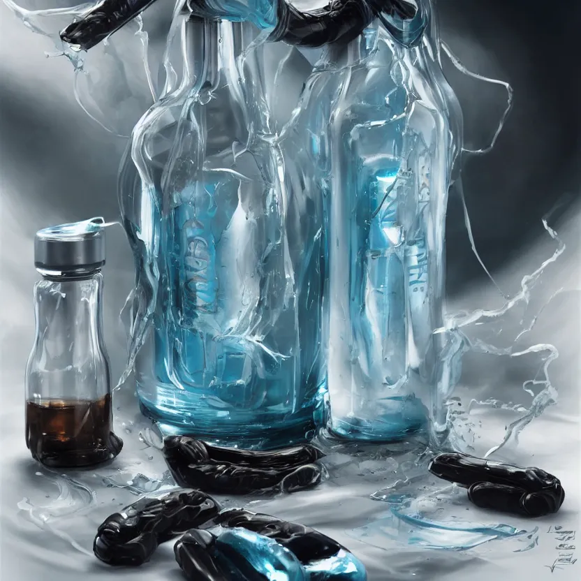 Image similar to concept art of a pagani dietary supplement with white liquid in a transparent bottle with big black sticker on it, by aenaluck, artgerm and roberto ferri and greg rutkowski, light blue and white tones, digital painting, artstation, concept art, smooth, sharp foccus ilustration hq