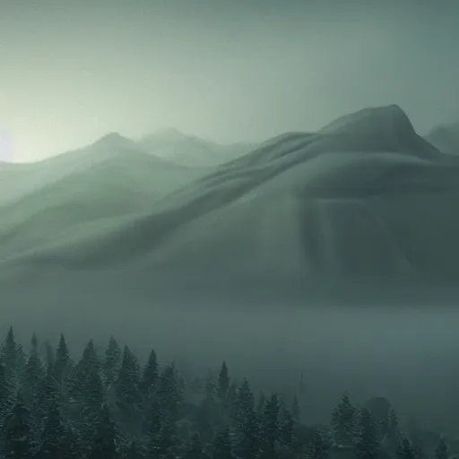 Prompt: Beautiful misty mountain landscape with million blind eyes are watching, Octane render, artistic, Cinema 4D, dark horror,