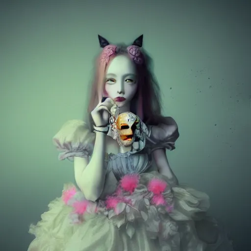 Prompt: 8 k, octane render, realism, tonalism, renaissance, rococo, baroque, cotton candy, portrait of a creepy young lady wearing long - harajuku manga - dress with flowers! and skulls