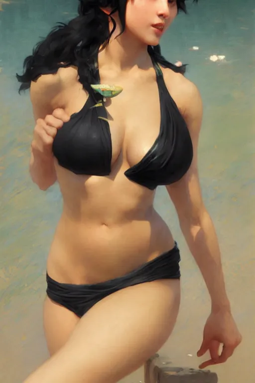 Prompt: nami, short blonde black hair, bikini, digital art from artstation by ruan jia and mandy jurgens and artgerm and william - adolphe bouguereau
