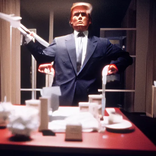 Prompt: photo of donald trump as Patrick Bateman in American Psycho movie cinestill, 800t, 35mm, full-HD