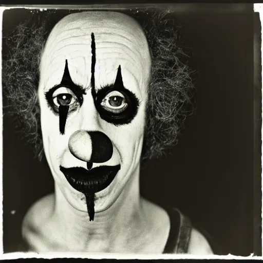 Image similar to portrait of clown by diane arbus, black and white photography