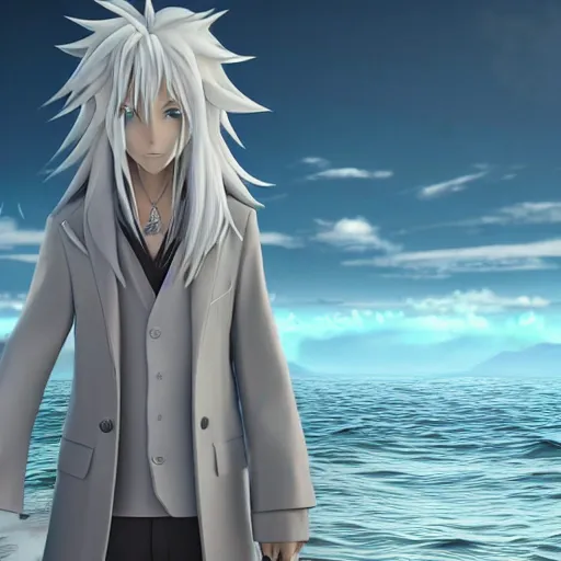 Prompt: a long white haired anime character holding out his hand in front of a body of water, a screenshot by michelangelo, deviantart contest winner, vanitas, official art, unreal engine 5, unreal engine. tetsuya nomura. ray tracing hdr. 8 k. uhd. sharp focus. highly detailed. masterpiece. anime render. cinematic lighting. lifelike.