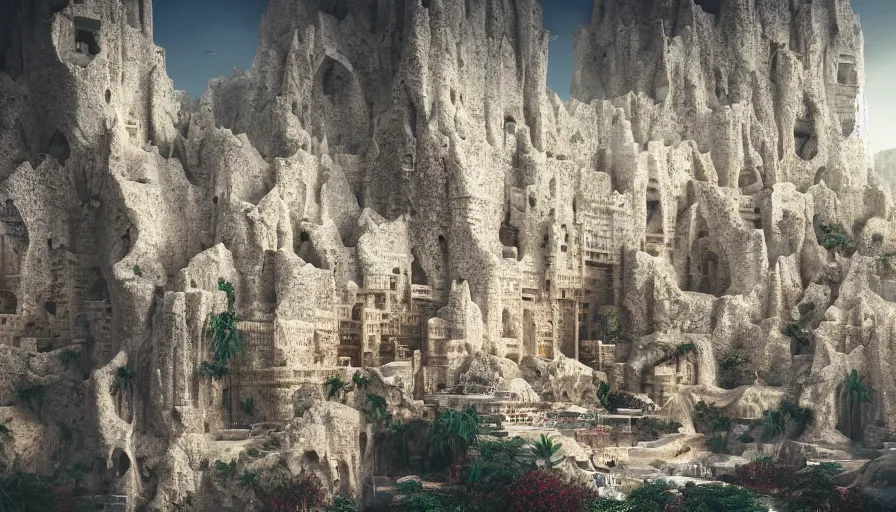 Image similar to a detailed digital painting of a biotech mystical arabic architecture of a city carved into a limestone cliff, by james jean, 1. 1 rule of thirds, ultrarealistic, dramatic lighting, landscape, beautiful, gorgeous, hyper detail, hd, octane render, unreal engine, cinematic, trending on artstation,