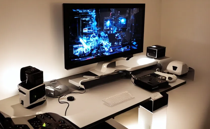 Image similar to futuristic gaming setup with white lighting, hd photograph, highly detailed, intricate, sharp focus