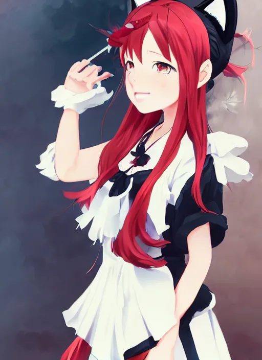 Image similar to anime girl with cat ears with red hair wearing a maid dress, detailed character portrait, anime style, by makoto shinkai, by wenjun lin, gorgeous face, digital art, video game fanart