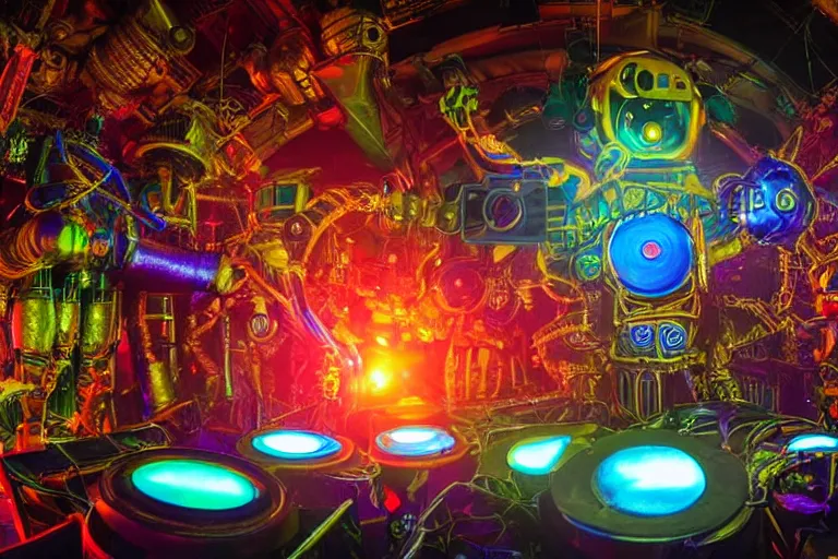 Prompt: scene is elrow party in space in ibiza, portrait photo of a giant huge golden and blue metal steampunk robot, with gears and tubes, eyes are glowing red lightbulbs, shiny crisp finish, 3 d render, 8 k, insaneley detailed, fluorescent colors, haluzinogetic, background is multicolored lasershow