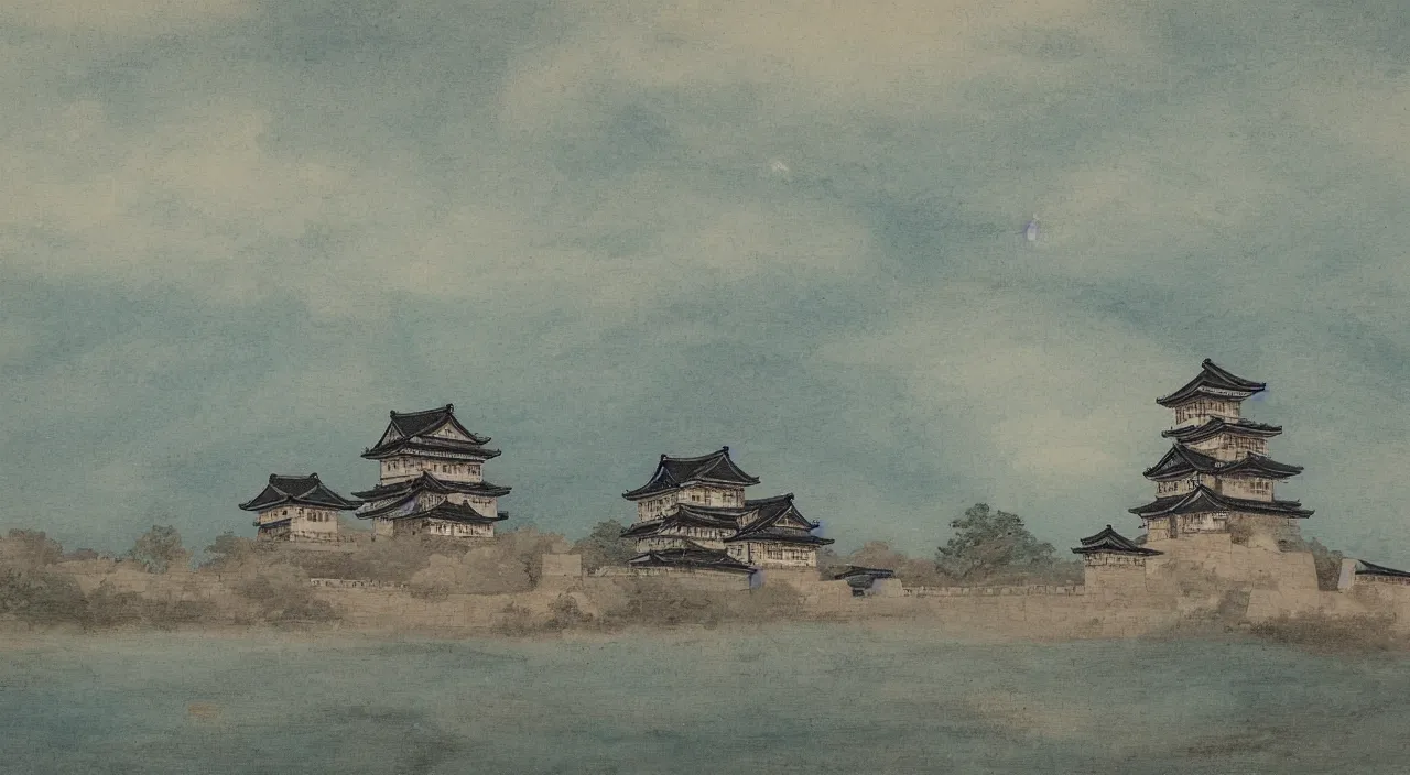 Image similar to a landscape painting of a Japanese castle