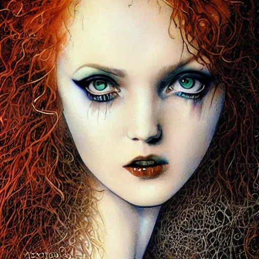 Image similar to portrait of lily cole as delirium from sandman, by luis royo