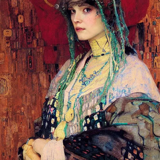 Image similar to Richard Schmid and Jeremy Lipking and Gustav Klimt portrait painting of a young beautiful woman priestess victorian orientalist in elaborate costume