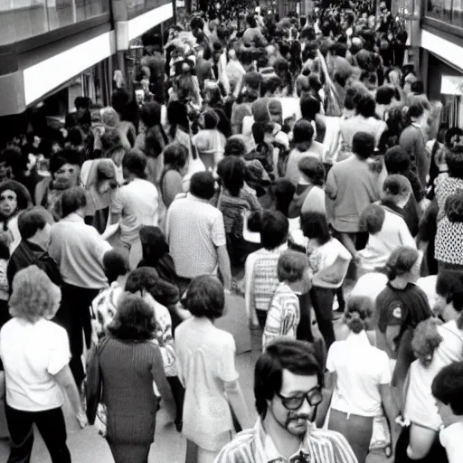 Image similar to People in a crowded mall, circa 1980